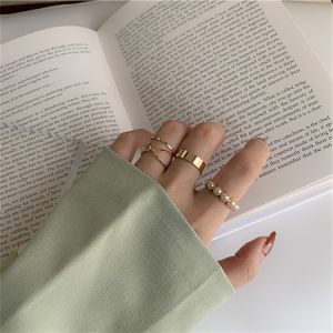 MQJEWELRY 4 pcs Women Rings Set Korean Ring Simple Fashion Pearl Geometric Accessories ings Set Cincin 韩国时尚套装珍珠戒指女 ins饰品