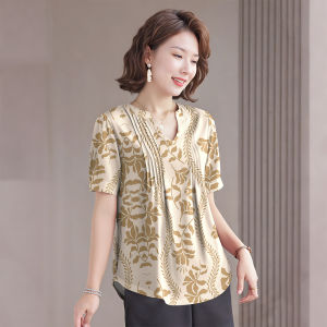 Temperament Ladies Office Wear Breathable Linen Blouses Women Tops Puff Short Sleeve T Shirt Floral Pattern Pullover V Neck T Shirt Women