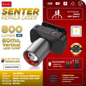 Senter Kepala Zoom Aoki AK-3685A Head Lamp Led 60 Watt Super Terang Senter Rechargeable Type C AN