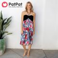 PatPat Family Matching Black Cotton Tee Beach Short-sleeve Shirt and Flora Print Splicing Halter Strap Midi Dress Sets. 