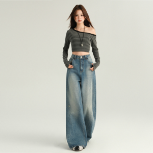 S-6XL Celana Jeans Wanita Panjang Biru Pinggang Tinggi Longgar Celana Lurus Celana Kaki Lebar