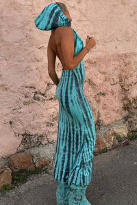 Hooded backless print ethnic style dress women
