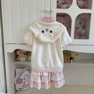 Bear Embroidered Short Sleeve Top Japanese Style Cute Soft Girl Summer Hooded Short Sleeve Zipper Jacket Women Slimming Top2026