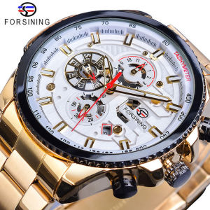Forsining Ba mặt số hiển thị lịch danh thiếp bằng thép đen không gỉ nam Đồng hồ tự động thương hiệu hàng đầu sang trọng thể thao quân sự đồng hồ nam. Quà tặng nam