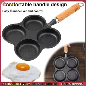 Winnereco 4-Hole Egg Burger Ham Pan Wooden Handle Non Stick Egg Pancake Steak Cooking Pan Hamburg Bread Breakfast Maker Suitable for Gas Stove Induction Cooker