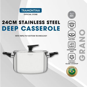 TRAMONTINA 24cm Stainless Steel Deep Casserole Pot with Tri-Ply Body | Grano