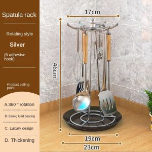 FGHAFGGR 6 Hooks Stainless Steel Pot Shovel Rack Rotatable Thickened Spatula Organizer Multi-functional Stable Spatula Storage Rack for Kitchen
