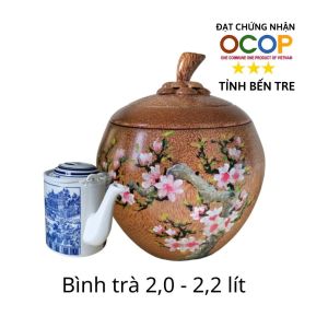 Bình ủ trà gỗ dừa cao cấp vẽ hoa đào / Tùy chọn bình trà 05 - 08 - 13 - 20 lít / Giữ ấm 3 - 5 giờ / Hàng đạt OCOP 3 sao tỉnh Bến Tre năm 2023 / Sản phẩm mỹ nghệ dùng làm quà đặc trưng xứ dừa Bến Tre