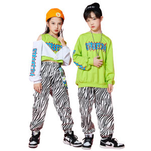 LOLANTA 2Pcs Kids Girls Off Shoulder Crop Top Boys Sport Jogging Pants Outfit Children Hip Hop Performance Dance Clothing