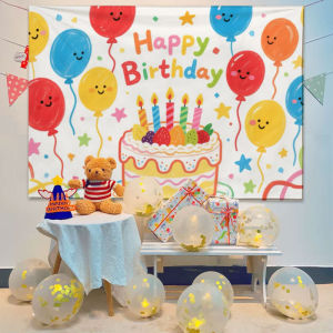 Colorful Cartoon Happy Birthday Backdrop for Children and Babies Babys First Birthday Happy Birthday Background Cloth Scene Decoration Hanging Cloth
