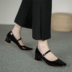 7Li Plus Size Mary Jane Shoes 2024 Spring New Chunky Heel R Square Toe Womens Shoes Fashion Temperament Mid Heel Simple Pumps