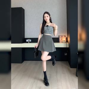 Ammin thời trang phong cách Hàn Quốc eo cao có khóa kéo thanh lịch đi lại váy xếp ly nữ 2024 mùa hè giản dị lỏng A-line chống trượt