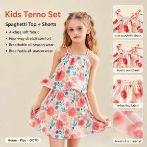 AILEBE Kids Sets Grade A Four Way Stretch Terno Spaghetti Top Shorts Set Soft Breathable All Season Wear Comfy Pambahay OOTD For Baby Girls 6 Months 5 Years