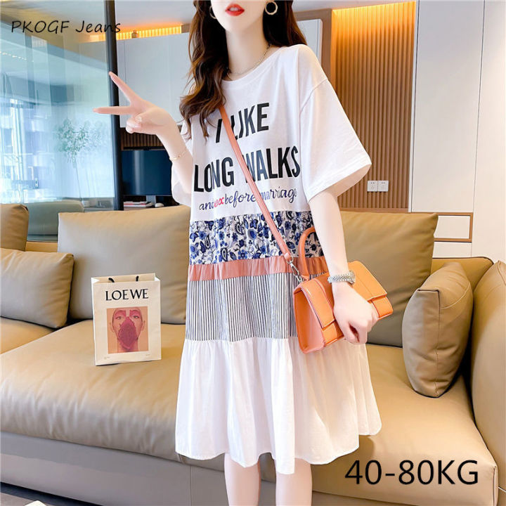 PKOGF Plus Size Women T-shirt Dress Slim Fit Print Stitching Dress