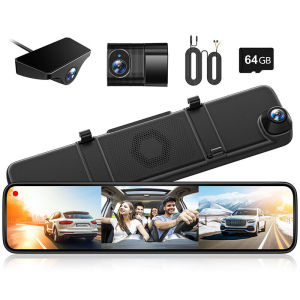 WOLFBOX G890 12" 3 Channel Rear View Mirror Camera 2K Triple Mirror Dash Cam 4K UHD Dash Cam Mirror Front and Rear with Hardwire Kit Touch Screen Backup Camera with Motion Detection GPS&64GB CardCar Camera