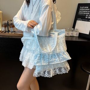 XEANG Cute Ruched Fresh Lace Handbag Bowknot Sweet Cloth Dumpling Bag College Style Underarm Bag Ruffle Shoulder Bag Girls