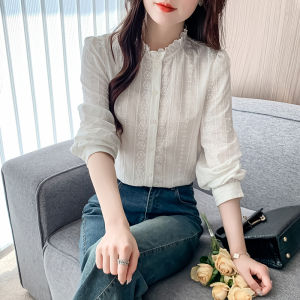 AMMIN 2025 Korean Style Fashion Ruched Stand Collar Long Sleeve Pure Cotton White Shirt for Women Autumn New Casual Floral Embroidery Design Single Breasted Elegant Blouse