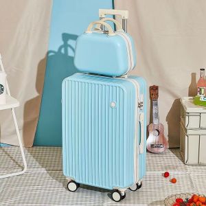 New 14"20"22"24"26"28 Inch Ladys 2 Pieces ABS+PC Large Makeup Travel Suitcase Set With Silent Wheels Password Lock Trolley Roller Luggage Cosmetic Bag Free Shipping