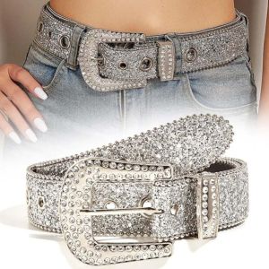 SUTONGXUE Solid Color Shiny Wide Belt Y2K Beads Bordered Women PU Belt Adjustable Alloy Rhinestone Waistband Men