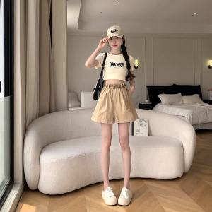 Ammin 2024 Mùa Hè Phong Cách Hàn Quốc Mới Xếp li với vành đai quần soóc Cargo eo cao của phụ nữ quần ống rộng đơn giản một dòng quần nóng