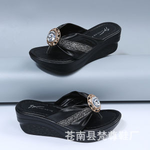 WomenS Summer Large Size 2025 New Wedge Sandals WomenS Platform Thick-Soled Beach Rhinestone Fashion Flip-Flops