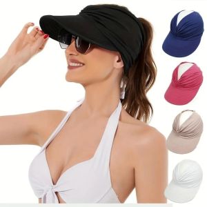 CANICECA Wide Brim Women Beach Sun Hat Empty Top Flexible Sun-Protection Cap Solid Color Anti-UV Sunscreen Hat Outdoor Sport