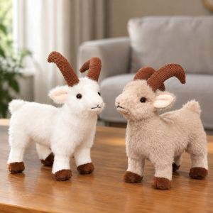GINKG Faux Fur Goat Plush Doll Toy Soft Fluffy Animal Horned Goat Keychain New Cartoon Curved Horn Sheep Doll New Year