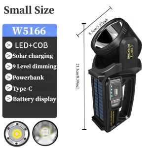 Solar LED searchlight COB work light USB rechargeable flashlight waterproof handheld outdoor camping searchlight