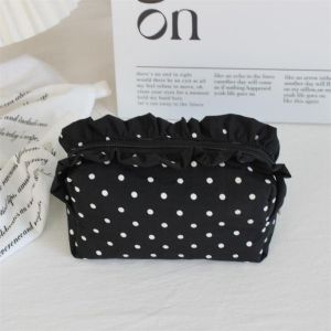 LUMIYA Ruffle Edge Decor Cosmetic Bag Polka Dot Portable Travel Storage Organizer Vintage Minimalist Design Skincare Organizer For Women