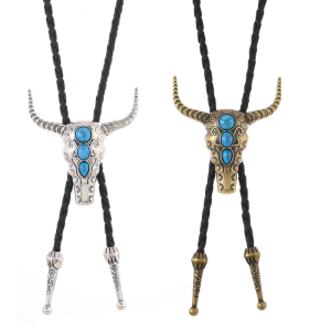 Durable PU Leather Cord Bolo Necktie With Large Antique Cattle Pendant Design