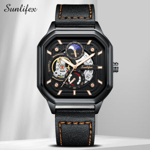 Sunlifex Jam Tangan Pria Tali Kulit Multifungsi Bisnis Mode Persegi Dial Jam Tangan Cowok Original