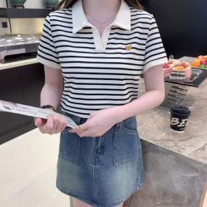 Ammin 2024 mùa hè sọc cổ điển mới cổ áo polo tay ngắn cotton áo thun nữ phong cách Hàn Quốc giản dị cá tính thêu Áo Blouse thanh lịch