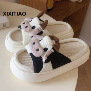 XIXITIAO 2025 Womens Summer All-Season Indoor Home Cotton Slippers Cute Cartoon Little Cow Silent Slippers