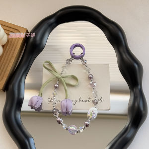 โซ่คล้องโทรศัพท์มือถือดอกทิวลิปทันสมัยและสง่างามพวงกุญแจรถมุกคริสตัลตกแต่งกระเป๋าอัลลอยด์เพ้นท์มือ