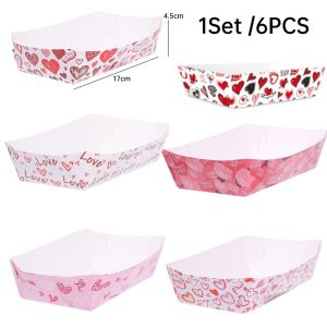 【Snuggery】 6Pcs/set Heart Pattern Decoration Trays Disposable Baking Decoration Valentines Day Pink Food Paper Plate Wedding Birthday Party Dessert Tray