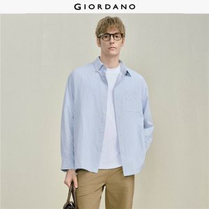 Giordano Men Striped seersucker pocket long sleeve shirt Free Shipping 18046809