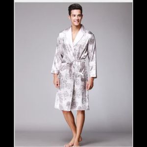 SDSXMens Silk Bath Robe Printed Sleepwear Satin Sleeping Robe Long kimono Dressing Gown Bathrobe For Male Blu Gray RedFYK