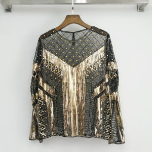 RYRYSTYLE New high-end luxury celebrity lace shirt sequin studded bead shirt elegant and transparent top for women