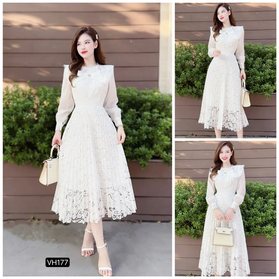 Đầm trắng dự tiệc, Váy trắng ren hoa sang trọng Cao Cấp vải họa tiết lướt  dục lỗ dáng xòe, tay ngắn có bâu cổ - MiNhi | Shopee Việt Nam