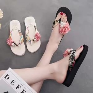 [Free Shipping] Summer WomenS Anti-Slip Beach Flip-Flops With Floral Design Korean Style Casual Large Size Flat Sandals