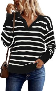 Women Striped Sweater Polo V Neck Long Sleeve Loose Sweater Knit Pullover Jumper Tops