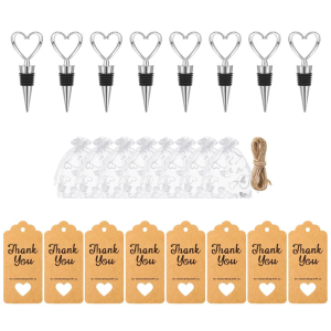 8Pcs Heart Shape Wine Bottle Stopper with Organza Seal Bag and Wrapping Label For Wedding Bridals Shower Supplies