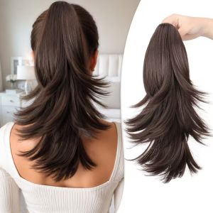 MAOMEI 14 inch Tóc giả đuôi ngựa xoăn nhiều lớp với các điểm nổi bật Hợp chất tổng hợp Tóc giả kiểu đuôi cá Wolf-Cut Cổ điển Tự nhiên Tóc đuôi ngựa nối bằng kẹp càng cua dành cho phụ nữ