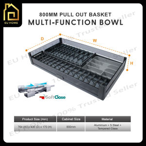 800MM 900MM Multi Function Dish Bowl Kitchen Pull Out Basket Tempered Glass Soft Closing / Luxury Dark Grey Basket