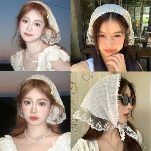 French Pastoral Style Vintage Lace Hair Scarves Sweet Girls Turban Head Kerchief Hair Bandana Triangle Headwear Hair Scarves