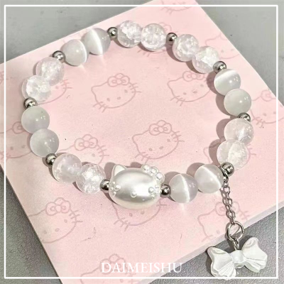 DAIMEISHU Charming KT Cat Bow Bracelet for Women - Handmade Pearl Beads Jewelry