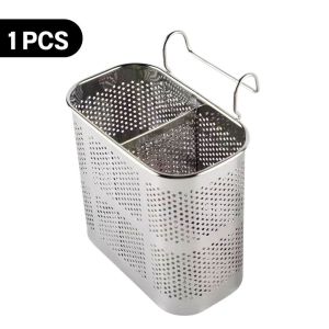 ที่ใส่ช้อนส้อมตะเกียบ สแตนเลส แบบมีที่แขวน ไม่ต้องเจาะรู ไม่เป็นสนิม มีช่องรูระบายน้ำ อากาศ ใช้สำหรับใส่ช้อนส้อมตะเกียบหรือเครื่องครัวอื่นๆ