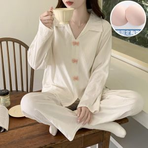 New Cloud Cotton Pajamas for Women Spring and Autumn Korean Style Sweet Wind with Chest Padded Long Sleeve Pijama Sleepwear Thin Home Clothing Set