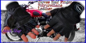 BAGUS Sarung Tangan Motor Kulit Polyurethane Half Finger Setengah Jari Hitam Black Anti Slip Plus Strap Ikat Pergelangan Hand Gloves Leather