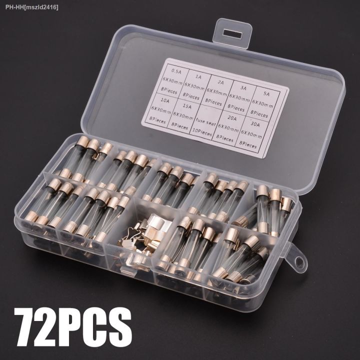 ∋ HH 72pcs/Box Glass Tube Fuse 0.5A30A Assorted Quick Blow Electrical